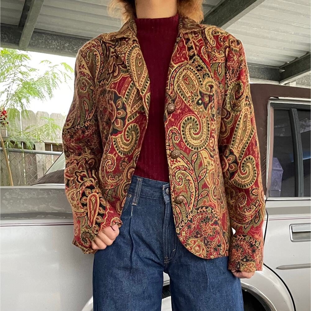 🔥Vintage Erin London Paisley Tapestry Gold Red Blazer Jacket Boho Artsy Size PL